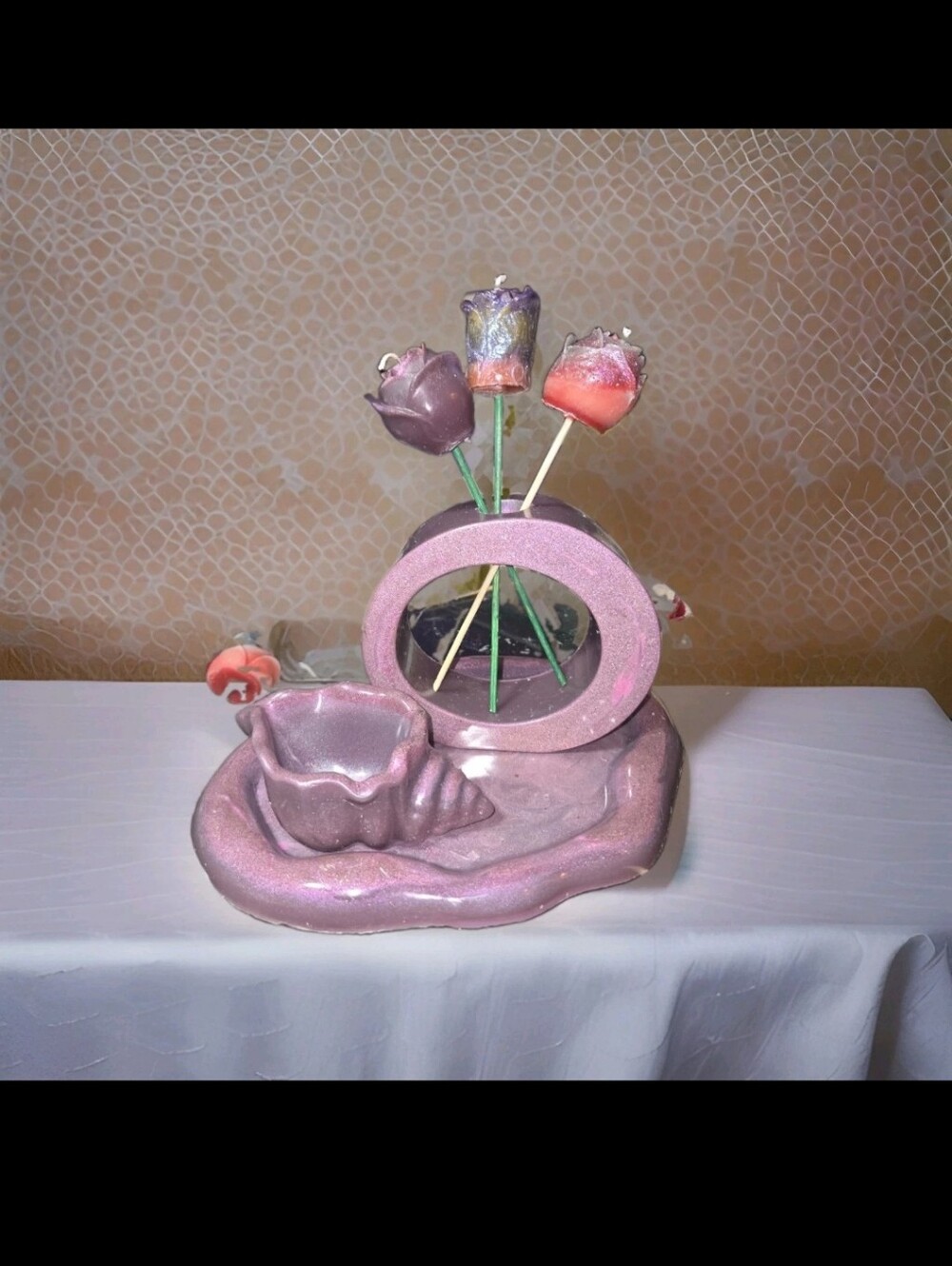 6 Piece Vanity Set With Candles In Pink Swirl